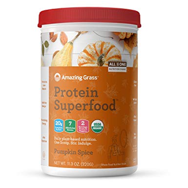 Amazing Grass Protein Superfood: Organic Vegan Protein Powder, Plant Based Meal Replacement Shake with 2 servings of Fruits and Veggies, Pumpkin Spice Flavor, 10 Servings, 11.3 Ounce