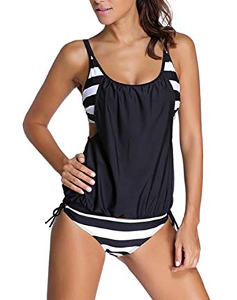 EVALESS Women Stripes Print Sporty Double Up Layered Two Piece Tankini Sets Swimsuits