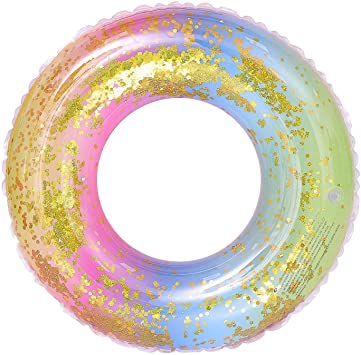 Inflatable Pool Float, Glitter Swimming Ring, Sweet Colorful Tube Float, Summer Swim Pool,Girls Beach Toy, Water Fun Party Toy for Kids & Adult, Rainbow
