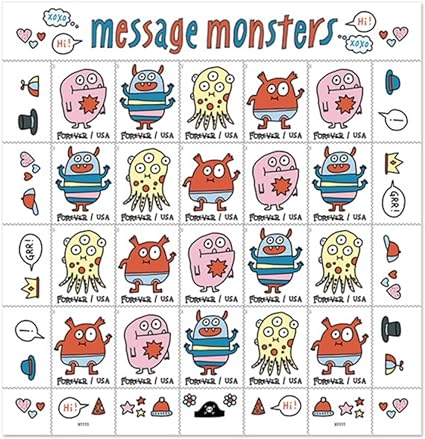 USPS 2021 Message Monsters Forever First Class Postage Stamps Playful Theme, Birthday, Engagement, New Job, Party, Invitations Celebrations, (1 Sheet of 20 Stamps)