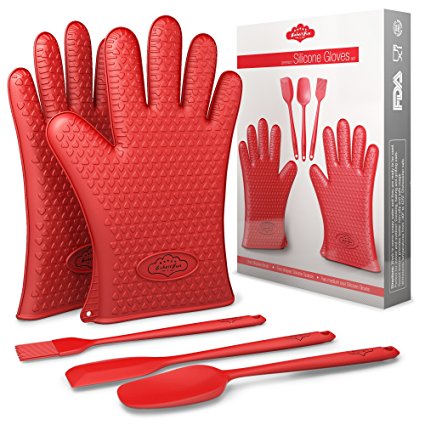 BakeitFun Heat Resistant Silicone Oven Mitts Set | FDA and LFGB (German Grade) Approved | Includes a Pair Of Gloves, Spatula Set (2) and Brush Basting | Professional German Grade | Double Bbq Grilling Mittens | Perfect Christmas Gift