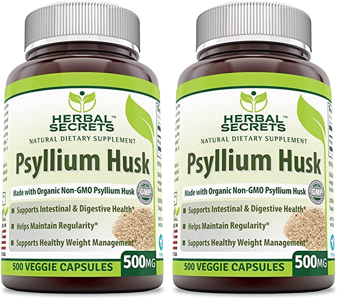 Herbal Secrets Psyllium Husk 500 Mg 500 Veggie Capsules (Pack of 2 - 500 Capsule Bottles)