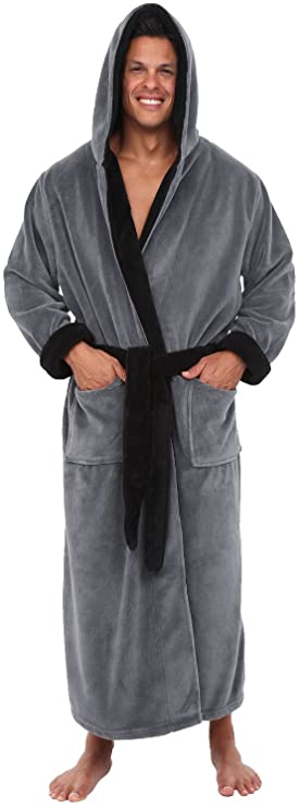 Alexander Del Rossa Men's Warm Fleece Robe with Hood, Big and Tall Contrast Bathrobe