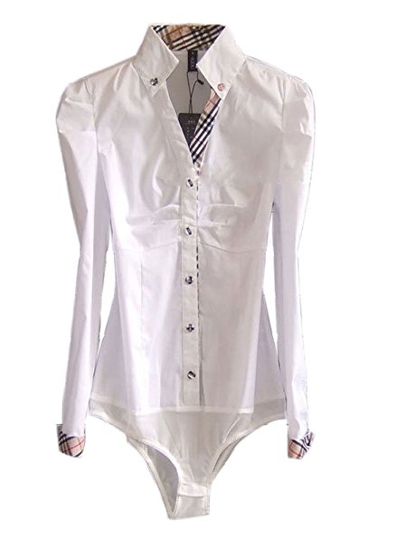 Soojun Women OL Bodysuit Blouse Front Buttoned Shirt with Collar