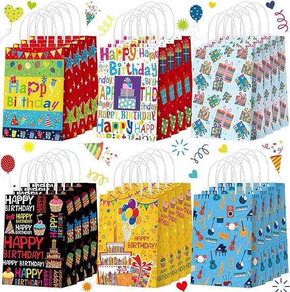 Outus 24 Pcs Happy Birthday Gift Bag Bulk Birthday Party Favor Bags with Handles Birthday Paper Goodie Bags Birthday Candy Treat Bags for Birthday Party Decorations Supplies