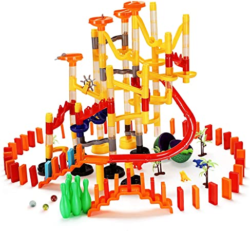 Ucradle Marble Run, 278 Pcs Marble Run Toy Creative Marble Run Railway Building Blocks Marble Run Funny Dominoes Set Bowling Dinosaurs Educational Learning Toy for Kids 4 Years Old Boys and Girls