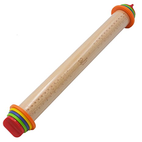 Adjustable Rolling Pin Removable Rings Beech Wood Classic for Baking Dough Pizza Pie Cookies, Multicolored by KitchenBasix