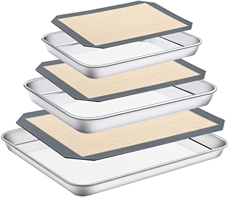 Stainless Steel Baking Sheet with Silicone Mat Set, Set of 6 (3 Sheets   3 Mats),Size 16,12,9 inch, Estmoon Nonstick Cookie Sheet Baking Pan Non Toxic & Heavy Duty & Easy Clean , Dishwasher Safe