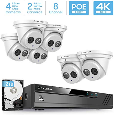 Amcrest 4K Security Camera System w/ 4K 8CH PoE NVR, (6) x 4K (8-Megapixel) IP67 Weatherproof Metal Turret Dome POE IP Cameras, Pre-Installed 2TB HDD, NV4108E-T2499EW28M4-T2499EW40M2-2TB (White)