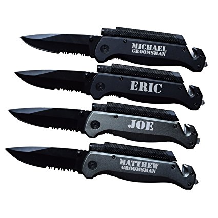 Custom Engraved Black, Camo or Gunmetal Survival Rescue Tactical Pocket Knife - Personalized Groomsmen Knife Gifts