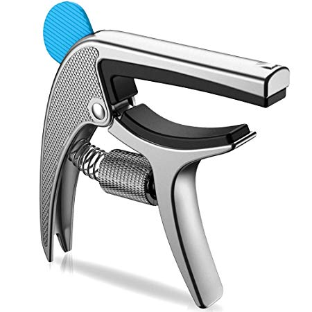 MIMIDI Guitar Capo, Adjustable Pressure Zinc Metal Guitar Clamp with Pick Holder and 1 Pick for Acoustic Guitars,Electric Guitars,Ukulele and Bass (Silver)