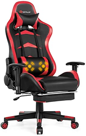 Goplus Massage Gaming Chair, Reclining Backrest, Handrails and Seat Height Adjustment Racing Computer Office Chair, High Back Ergonomic PU Leather Swivel PC Game Chair with Footrest (Red)