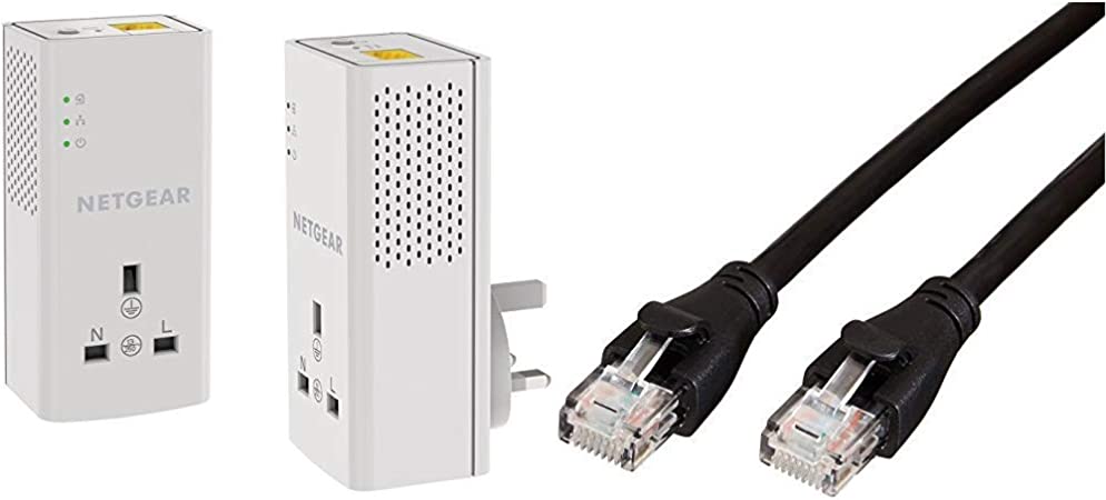 NETGEAR PLP1000-100UKS 1 Port,1000 Mbps, 1 Gigabit Port Powerline Adapter with Extra outlet - Pack of 2 & Amazon Basics RJ45 CAT6 Ethernet LAN Patch Cable (0.9 m / 3 Feet) [1,000 Mbps (1 Gbps)]