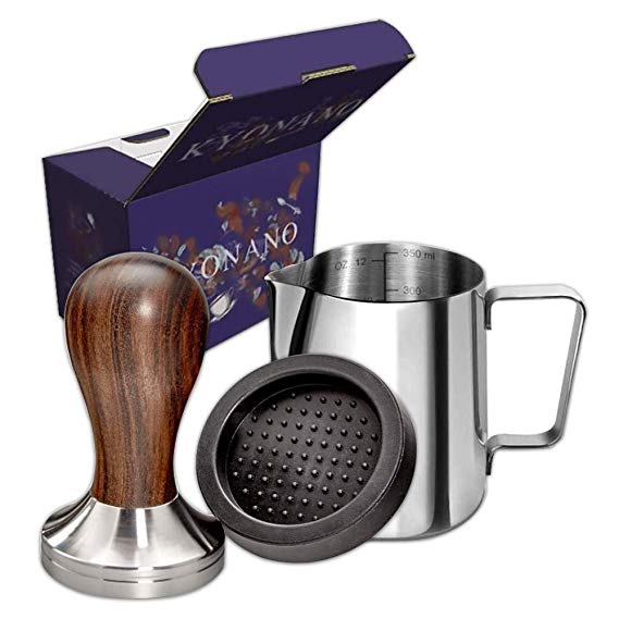 New! KYONANO Wood Espresso Tamper 51mm, Coffee Tamper with Sandalwood Handle, Incl. Free Milk Frothing Pitcher 12oz/350ml, Espresso Tamper Mat