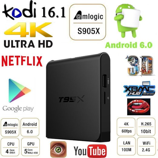 Greatever T95X TV Box Android 6.0 Marshmallow Amlogic S905X 64bit Quad Core 1G 8G XBMC Kodi 16.1 Ultra HD 4K 60fps H.265 with WiFi DLNA Streaming Media Player Smart Set Top Box