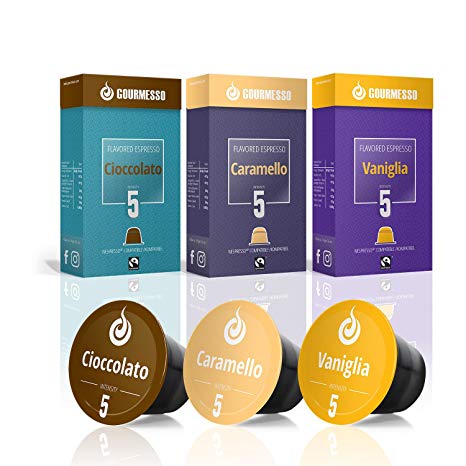 Gourmesso Flavor Bundle - 30 Nespresso Compatible Coffee Capsules - 100% Fair Trade | Includes Vanilla, Caramel, Chocolate, Hazelnut, and Coconut Flavored Espresso Variety Pack