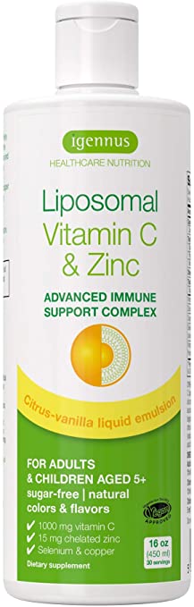 Liposomal Vitamin C 1000mg & Zinc, High Absorption Liquid Immune Support Complex for Adults & Kids, with Copper & Selenium, Citrus Vanilla Flavor, 30 Adult Servings, by Igennus