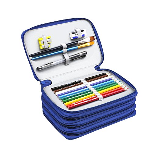 72 Slots Pencil Case, KinHom Handy Large Capacity Oxford Multi-layer Zipper Pen Holder Stationary Bags for Watercolor Gel Colored Ordinary Pencils Cosmetic Makeup Brush (Blue)