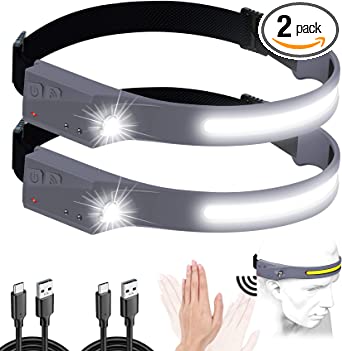 Britebeam Headlamp, Rechargeable LED Headlamp, 230°Bright Beam Headlamp for Adults, 6 Modes, Motion Sensor, Waterproof, Lightweight Headlamp for Cycling, Running, Fishing, Camping(2 PCS Grey)