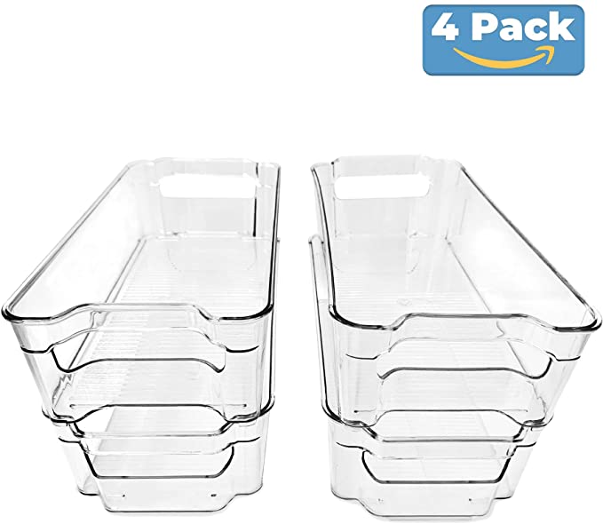 (4 Pack) Pantry and Refrigerator Organizer Bins for Kitchen and Cabinet Storage | Stackable Food Bins with Handles | BPA Free Fridge and Freezer Containers | Clear