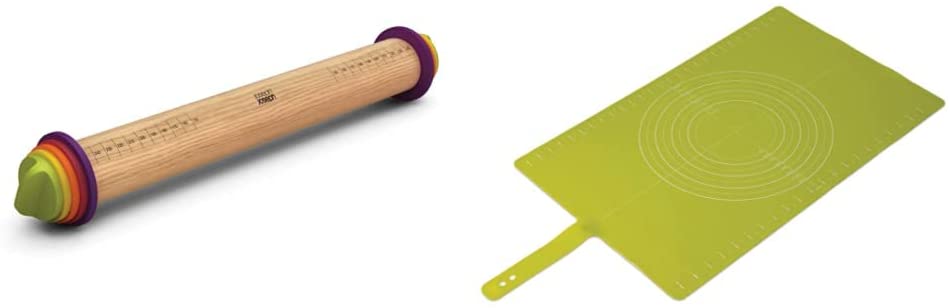 Joseph Joseph Adjustable Rolling Pin with Removable Rings, 13.6", Multi-Color & Silicone Roll-Up Pastry Mat with Measurements, Green