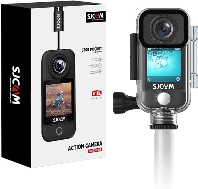 SJCAM C300 4K30fps 20MP Action Camera Pocket Camera, Underwater 30M Waterproof Camera, 6 Axis Stabilizer, 5G WiFi, Wide Angle, 8X Zoom, Live, Vlog, 1000mAh Battery, 32G Card and Kits