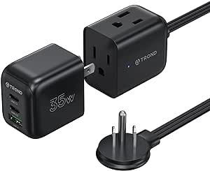 TROND 35W USB C Charger, 3 Port GaN Charging Station with 3 AC Outlets, 5ft Flat Plug Extension Cord Power Bar, Small Fast Charging Block for iPhone iPad Pro Pixel Galaxy, Travel Essentials, Black