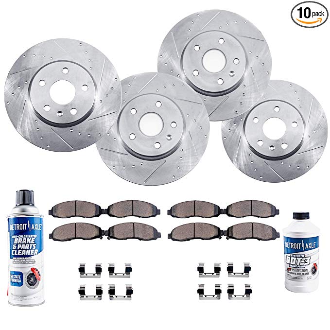 Detroit Axle - All (4) Front 330mm and Rear Drilled and Slotted Disc Brake Rotors w/Ceramic Pads w/Hardware & Brake Cleaner & Fluid for 07-08 Infiniti G35 - [08-13 G37] - 11-13 G37X - [14-15 Q60]