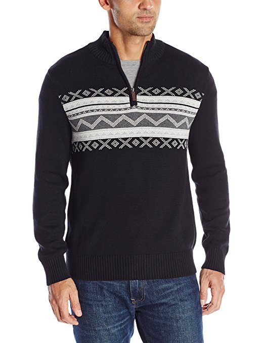 Dockers Men's Fair Isle Chest Stripe Zip Mock-Neck Holiday Ski Sweater