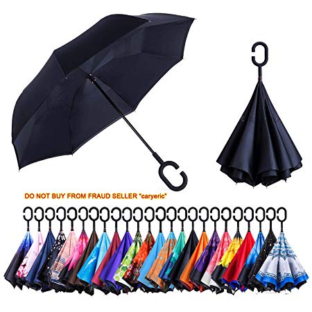 NewSight Reversible Umbrella – Dual Layer Inverted Umbrella, Self-Stand & C-Shape Hook to Free Hands, Reverse Inside Out Folding for Car Driver & Passenger, with Carrying Sleeve & PVC Zip Bag