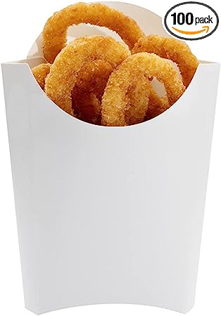 Restaurantware Bio Tek 4.7 x 3.5 x 5.1 Inch French Fry Holders, 100 Disposable Snack Cups - Stackable, Sustainable, White Paper Fry Holders, For Fries, Onion Rings, Popcorn, or Cookies