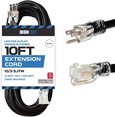 Iron Forge Cable 10 Foot Lighted Outdoor Extension Cord - 10/3 SJTW Black 10 Gauge Extension Cable with 3 Prong Grounded Plug for Safety, 15 AMP - Great for Garden and Major Appliances