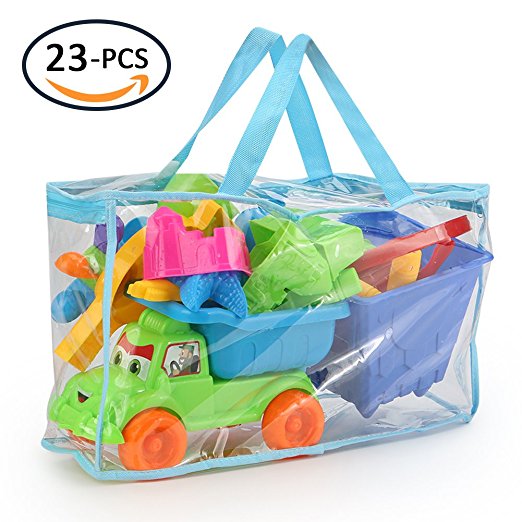 KKONES   Kids Beach Sand Toy Models Set (23PCS)Building Kits Reusable Zippered Bag Bucket Sand Wheel Mini Watering Can Mini Sailing Boat Toy Car Sand Sifter Castle Molds Animal Molds Operating Tool