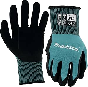 Makita Unisex FitknitÂ T 04117 FitKnit Cut Level 1 Nitrile Coated Dipped Gloves Small Medium, Teal/Black, Small Medium US