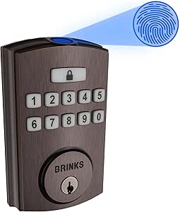 Brinks Fingerprint & Keypad Electronic Door Lock with Deadbolt, High-Security Keyless Entry Smart Lock for Front Door, Up to 50 User Codes, Automatic Locking, Tuscan Bronze