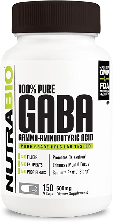 NutraBio 100% Pure GABA (Gamma-Aminobutyric Acid), Healthy Sleep and Mental Relaxation, 500mg - 150 Vegetable Capsules