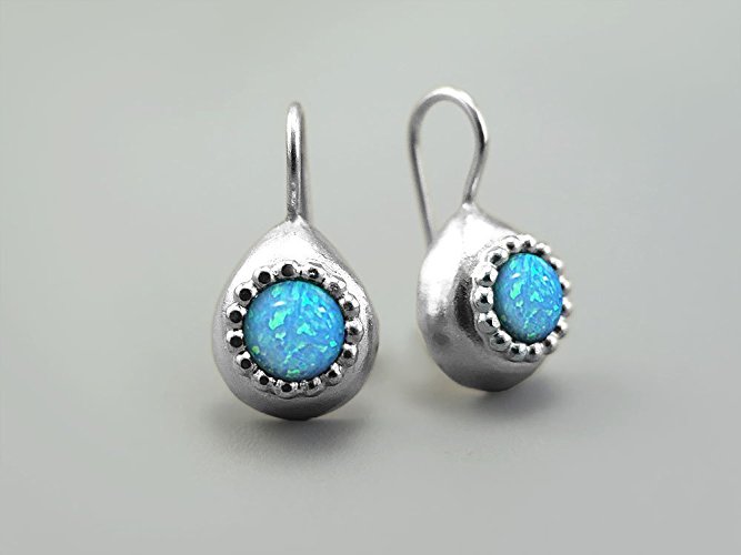 A Pair Of Sterling Silver Earring Teardrop Created Blue Fire Opal Round Stone Handmade Unique Gifts For Women October Birthstone Silver Drop Earrings Handmade Jewelry Anniversary Gift Earring Bohemian