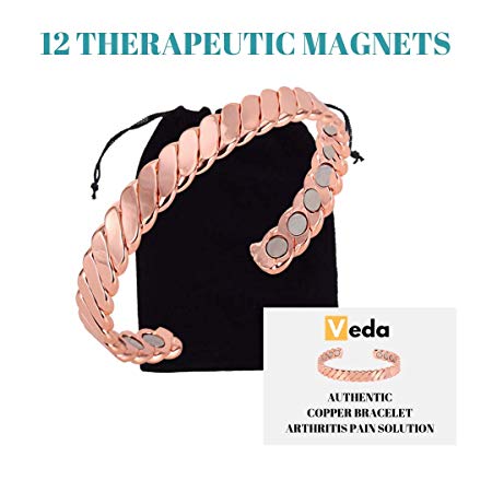 Authentic Copper Bracelet Twisted for Arthritis by VEDA - Guaranteed 99.9% Pure Copper Magnetic Bracelet for Men Women - 12 Powerful Magnets - Effective & Natural Relief of Joint Pain, Arthritis, RSI