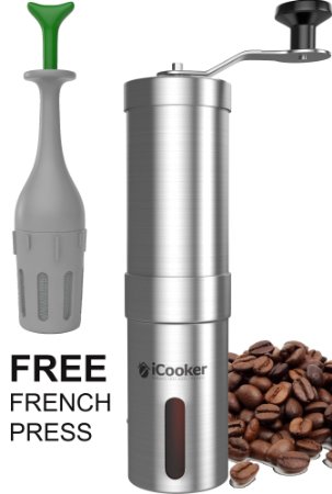 iCooker Manual Coffee Grinder Maker [FREE Cleaning Brush   BONUS Travel French Press] Best Spice & Coffee Bean Grinder Stainless Steel Blades Adjustable Portable