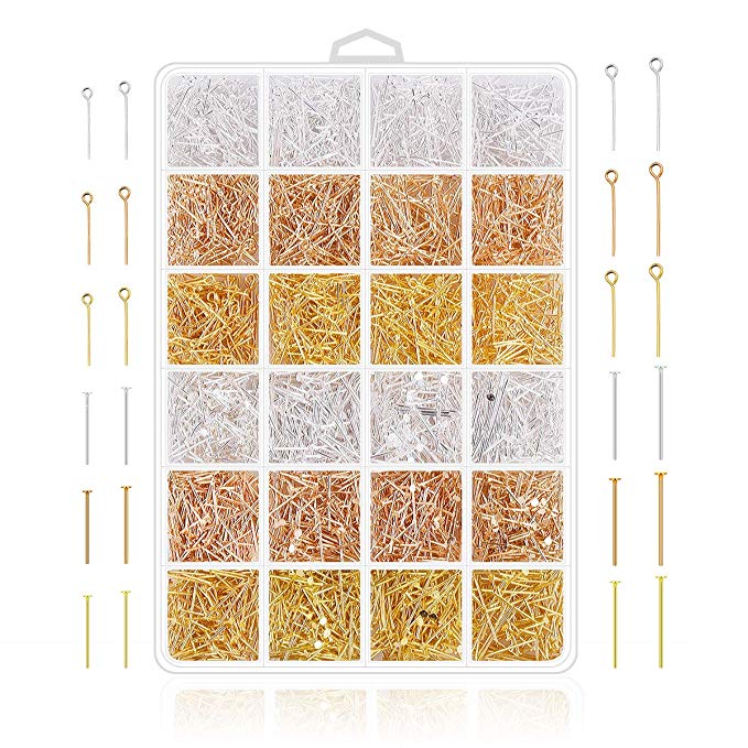 Head Pins Eye Pins Supplies - 2400Pcs 3 Colors Jewelry Head Pins and Eye Pins for Charm Beads DIY Making