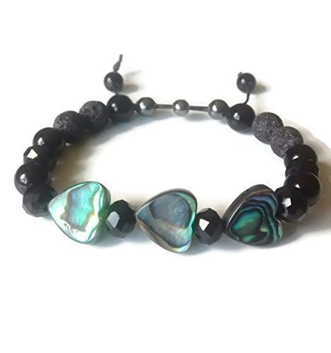 Abalone Shell Heart Black Agate and Crystal Adjustable Lava Bead Essential Oil Bracelet