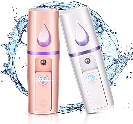 2 Pieces Nano Facial Mister Portable Mini Face Mist Steamer Handy Mist Sprayer with Mirror Design Moisturizing and Hydrating for Skin Care, Makeup, Eyelash Extension (White, Pink)