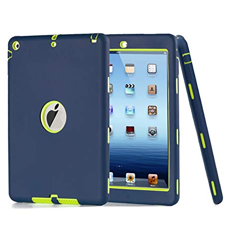 Qelus iPad Air Case, Heavy Duty Rugged Shockproof Three Layer Armor Defender Protective Case Cover for Apple iPad Air 2013 Model(Navy Blue/Green)