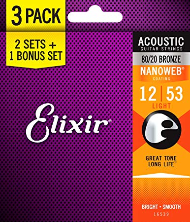 Elixir Strings 16539 80/20 Bronze Acoustic Guitar Strings with Nanoweb Coating, Set of 3 Pieces