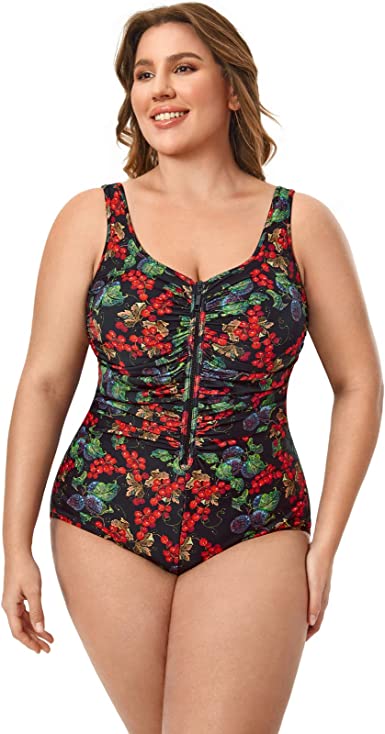 Delimira Women's One Piece Swimsuits Zip Front Built-in Cup Plus Size Swimming Costume