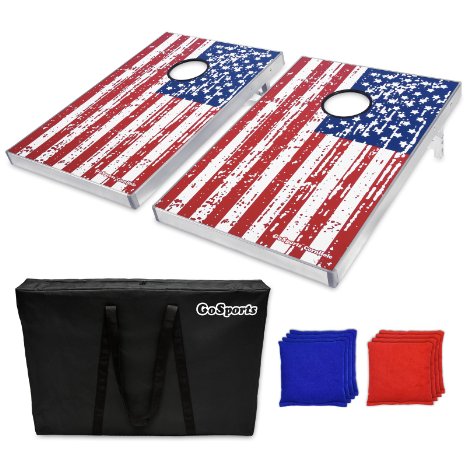 GoSports CornHole Bean Bag Toss Game Set - Superior Aluminum Frame (American Flag, Football and Black designs)