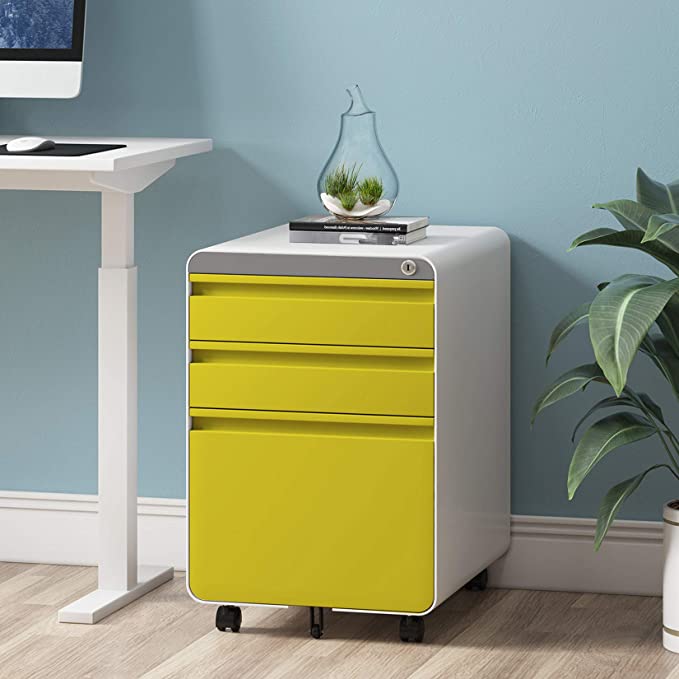 Dprodo 3 Drawers Mobile File Cabinet with Lock, Metal Filing Cabinet for Legal & Letter Size, Fully Assembled Locking File Cabinet for Home & Office,Yellow