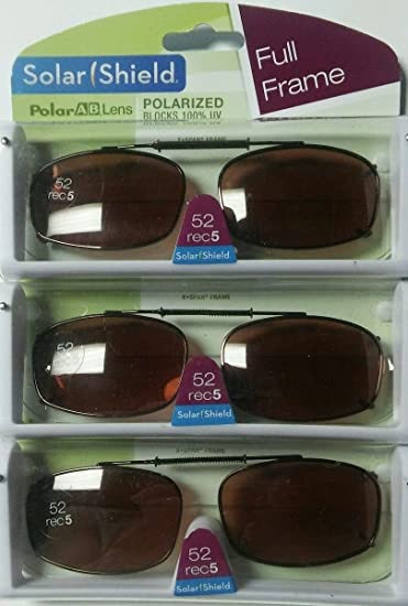 3 SOLAR SHIELD Clip-on Polarized Sunglasses Size 52 Rec 5 Brown Full Frame NEW