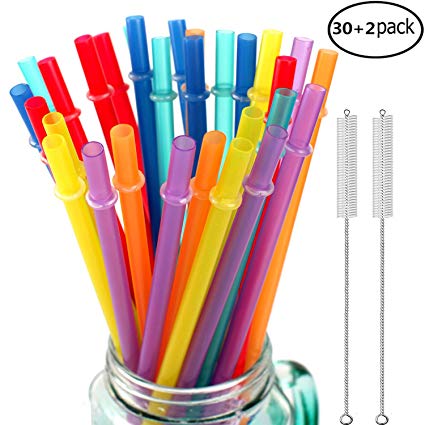 32 Pieces Reusable Plastic Straws Fit for Mason Jars, Tumblers, BPA-FREE, 10.25" Extra Long Rainbow Colored unbreakable Drinking straws with 2 Cleaning Brushes- Eco-friendly
