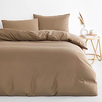 Wake In Cloud - Mocha Brown Quilt Cover Set, 1000TC Ultra Soft Microfiber Doona Cover Bedding Set in Solid Plain Color (3pcs, King Size)